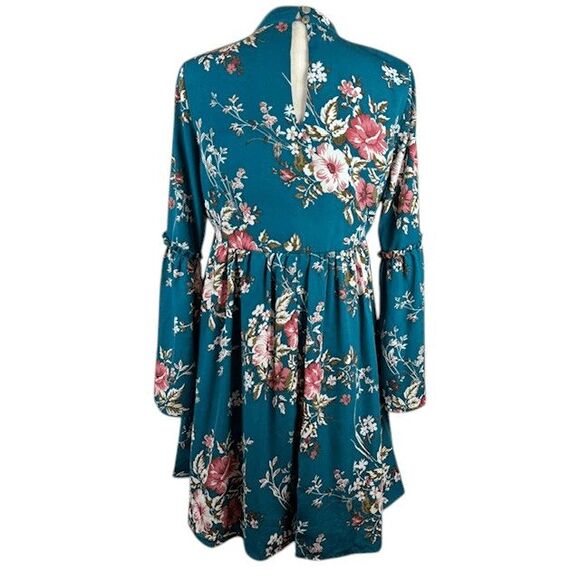 Altar'd State Floral Teal Long Sleeve Dress Empire Waist Bell Sleeves Size Small - Picture 3 of 11